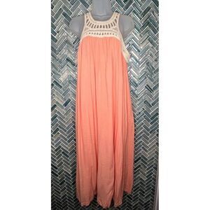 CHELSEA & VIOLET MACRAME PEACH CREAM FLOWY AIRY SLEEVELESS BOHO MAXI DRESS MED